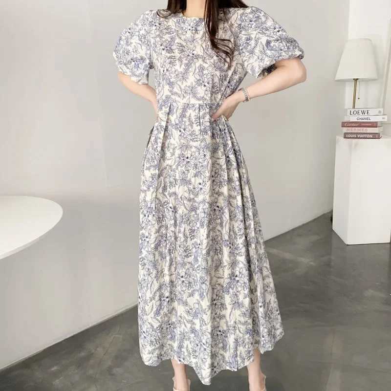 Chic Korean Style Summer Round Neck Ruffle Edge Design Loose Fit Floral Dress Long Dress For Women Fashionable and ElegantT250311