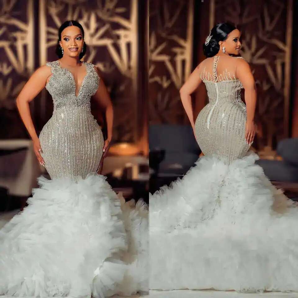 the crystal mermaid female bright beads v neckline dresses plus size ruffles custom wedding dress