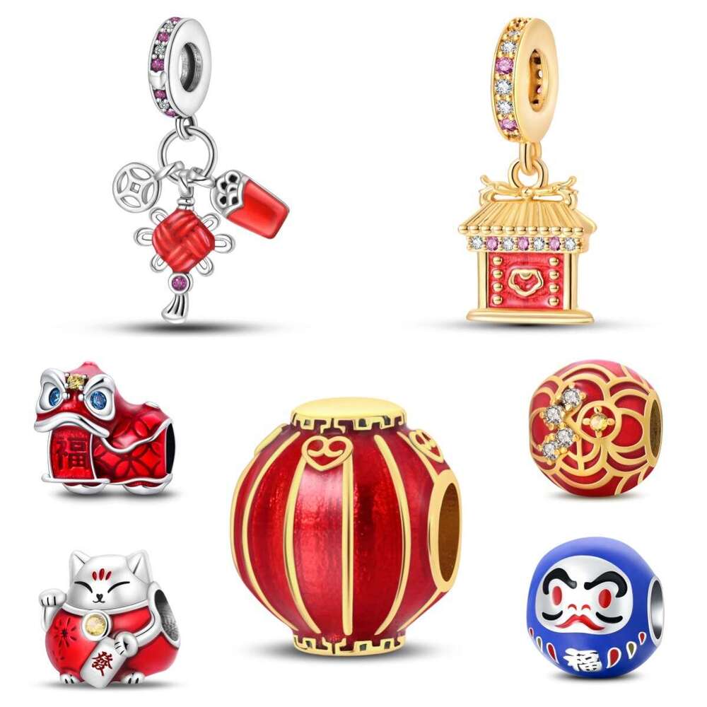 Hot selling New Year Series 925 sterling silver Lion Dance Red Lantern Lucky Cat Charms Pendant Beads fit bracelet diy for women jewelry gift