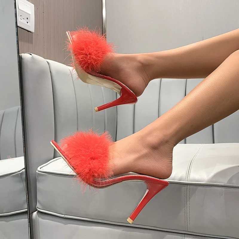 Slippers 2023 New Summer Ladies Heels Feather Fi Crystal Heels Fur Open Toe Slippers Ladies Zapatillas Woman Women ShoesXJ250311