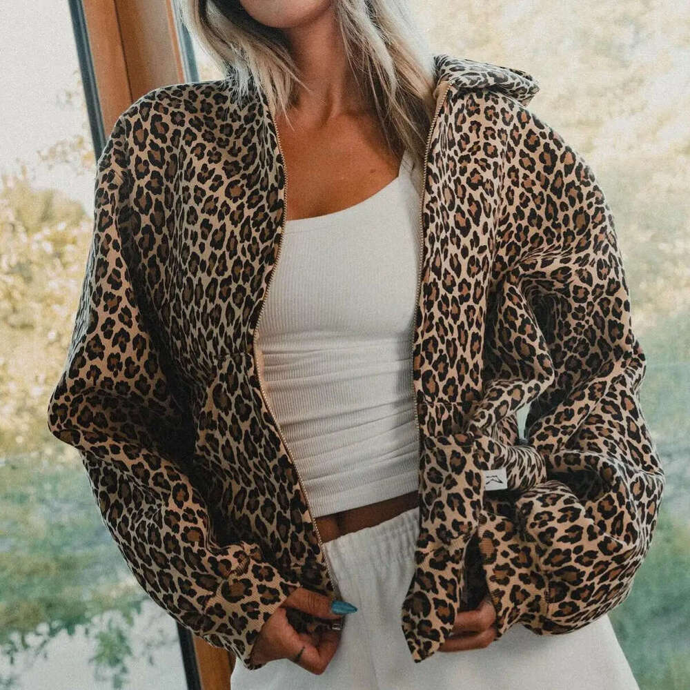 Trendy Brand 2024 Autumn Winter New Product Leopard Print Hooded Sweatshirt Y2k Velvet High Street Zipper Jacket For Men And Women