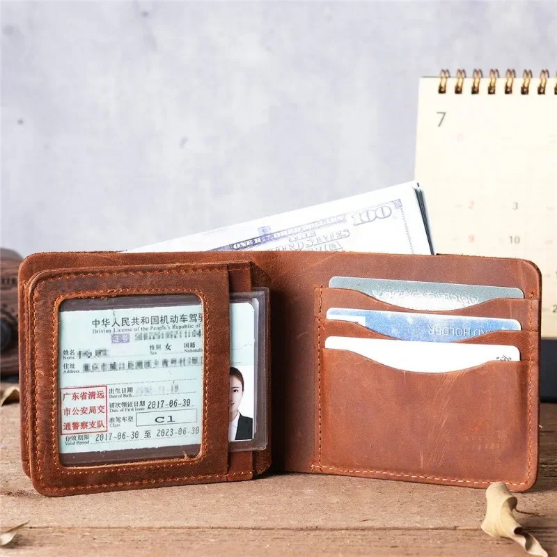 100% genuine leather retro mens insertion folding wallet picture coin ultrathin commercial currency credit card ID holder 250311
