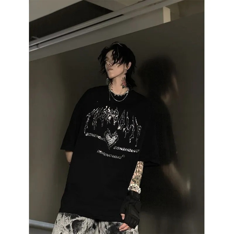 Streetwear American Vintage T Shirt Men Women Hip Hop Punk Rhinestone T-shirts Summer Short Sleeve Tops Tees Unisex Y2K Clothes 250310