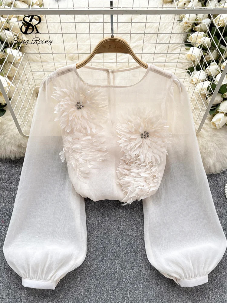 Singreiny Spring loose satin shirt womens Oneck long sleeved transparent bohemian top 3D floral casual 250310
