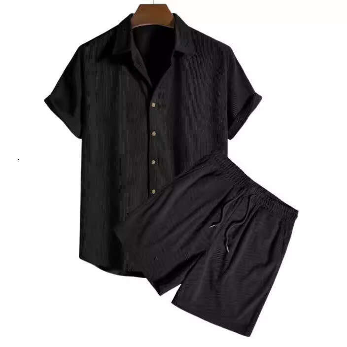 European and American men's loose multi-color beach wear corduroy short sleeved two-piece set, 2025 new casual versatile fashion clothing
