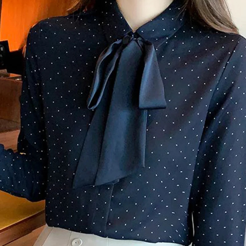 Womens Spring Korean Simple Button Printed Polo Neck Shirt Full Match Fashionable Warm polka dot Long Sleeve 250311