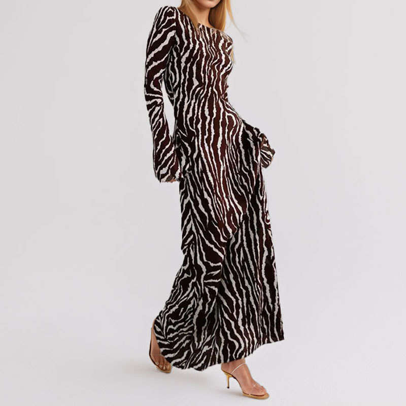 2025 Women's Summer New Style Elegant Printed Round Neck Long Sleeve Casual Dress KLMY
