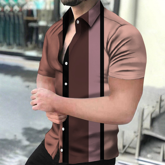 Mens Business Short Sleeve Shirt Striped High Quality Casual Shirt Men Business Button-up Tops Summer Breathable Blouse Shirts for Beach & Party