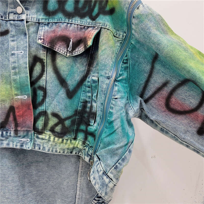 Street Hong Kong Style Silhouette, Short Front, Long Back, Graffiti, Plus Size, Loose, Irregular Denim Jacket, Women's Jacket