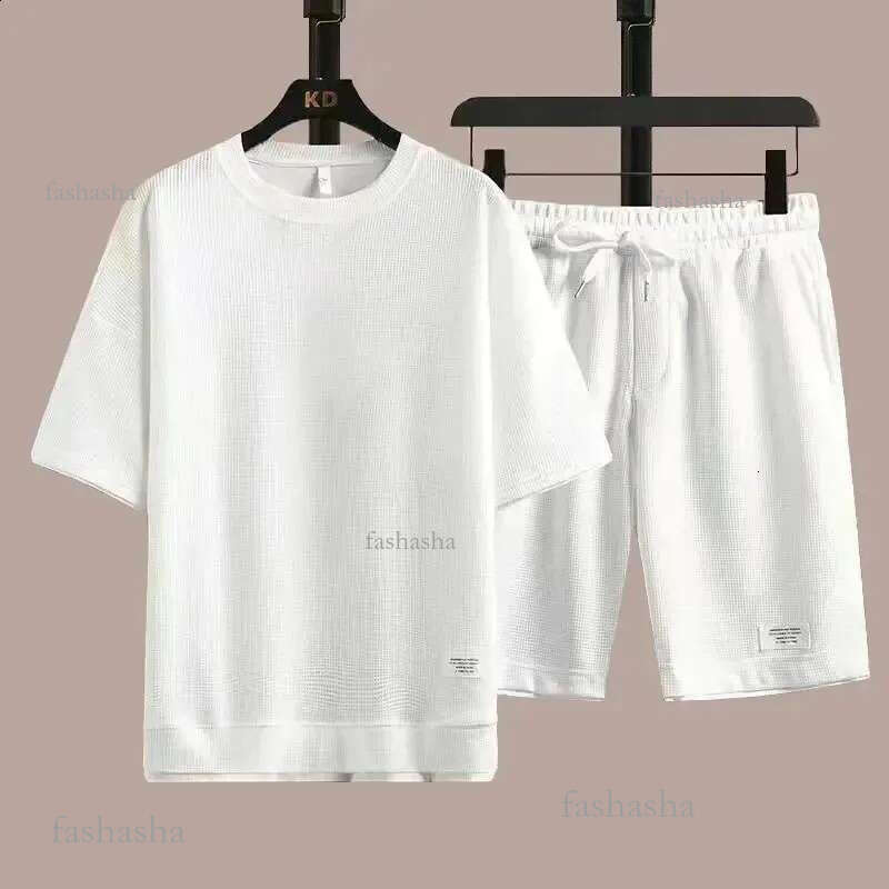 Summer Mens Two Piece Set Waffle Knit Fabric Short Sleeve Tshirt And Shorts Breathable Outfit Perfect For Beach Homewear 24