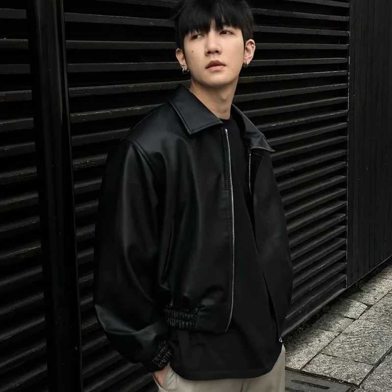 Korean Fashion PU Leather Jacket Mens Trendy Casual Black Zipper Jacket Loose Lapel Shoulder Pads Motorcycle Uniform WindbreakerT250311