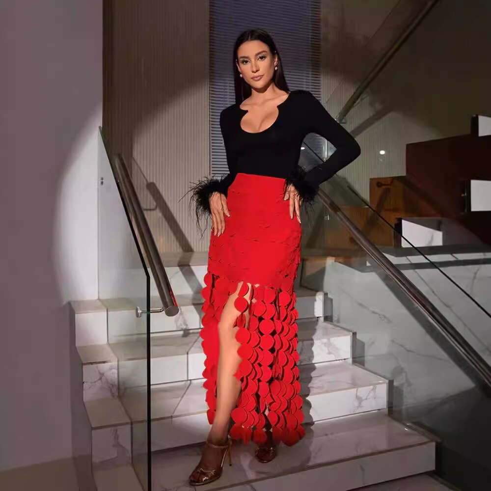 Australian New Long With High-End Design, Hollowed Out Circular Fringe, High Waist, Solid Color, Hip Hugging Skirt