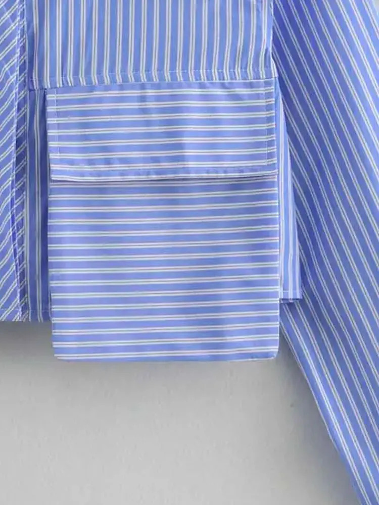 TRZA Womens Chic Striped Crop Shirt Long Sleeve ButtonUp Blouse with Pockets Fashion Female Top 250311