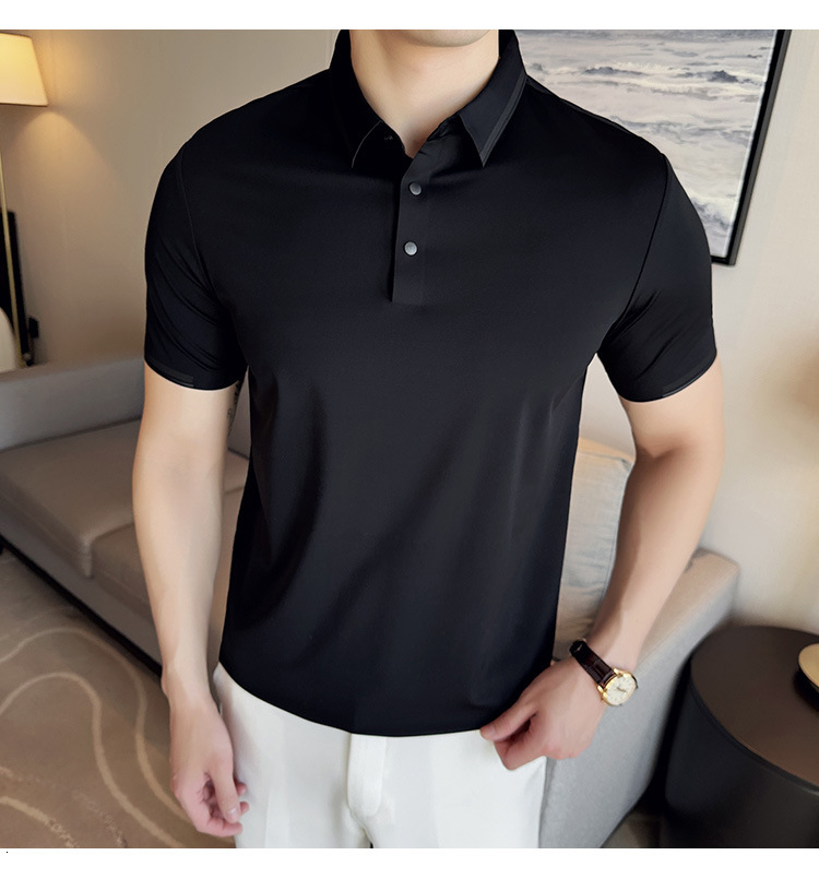 Non marking pressure glue free short sleeved polo shirt business high-end men's clothing, ice silk drape high elasticity nylon ammonia T-shirt fo