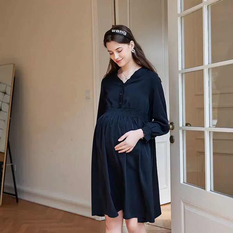 2025 New Solid Summer Women Maternity Clothing Long Sleeve High Waist Ruffle Female Pregnant Breathable Polyester Adult DressesT250311