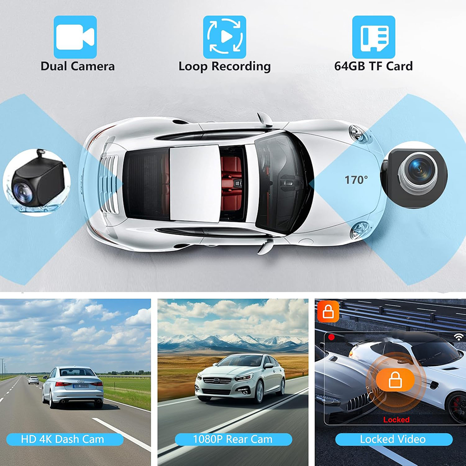 10.26'' Wireless CarPlay & Android Auto Screen for with 4K Dash Cam, 1080p Backup Camera, Bluetooth, GPS Navigation, Voice Control, Mirror L