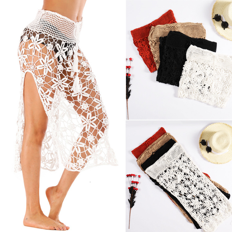 Knitted Women's Vacation Sun Protection Sexy Hollow Out Hand Hook Flower Woven Knee High Beach Skirt