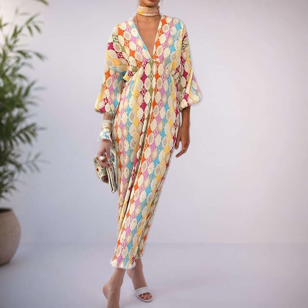 2025 Spring Women's Style Printed V-Neck High Waisted Lantern Long Sleeved Dress KLMY
