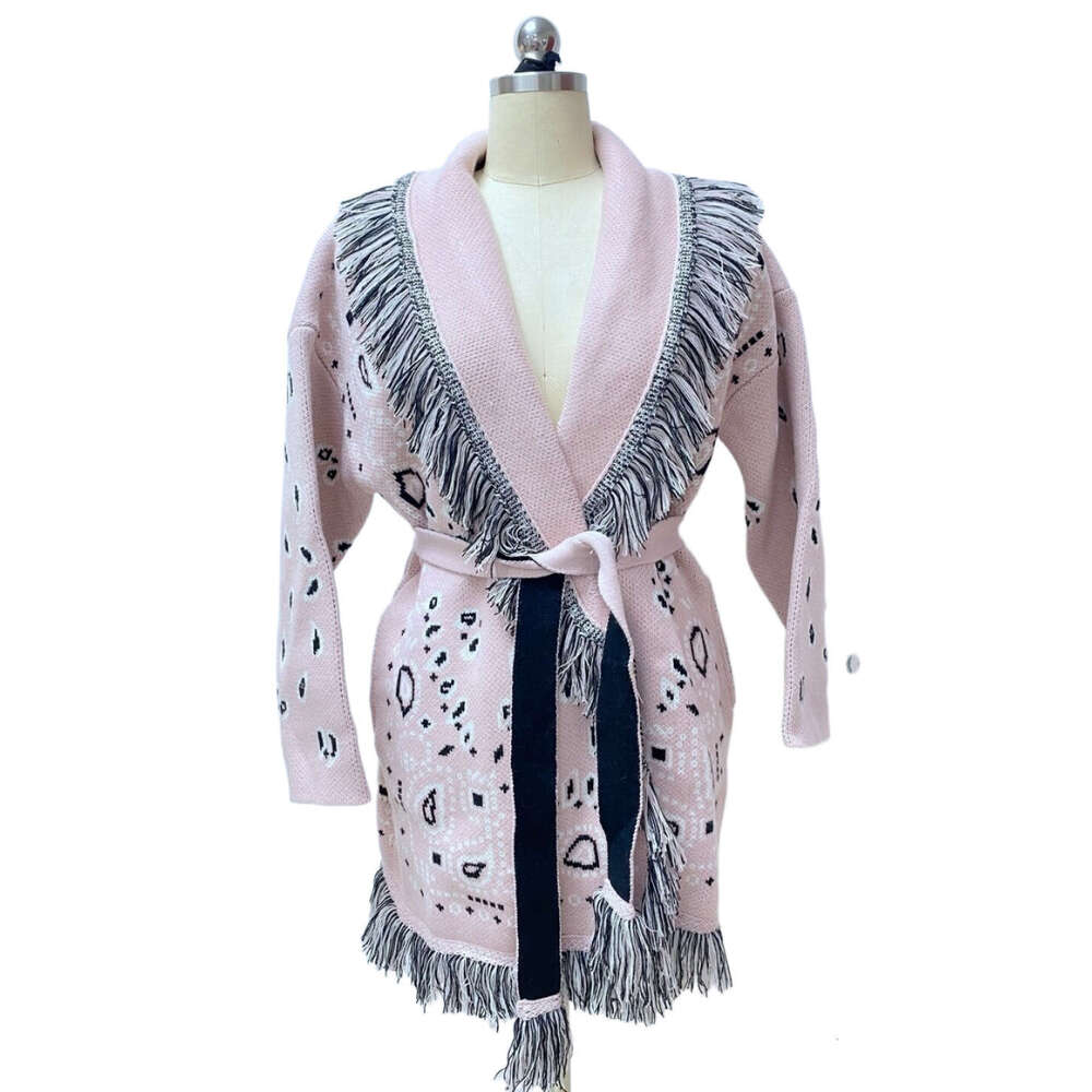 Australian Autumn And Winter Wool Jacquard Sweater Jacket, Niche Tassel Large Lapel Contrasting Mid Length Cardigan