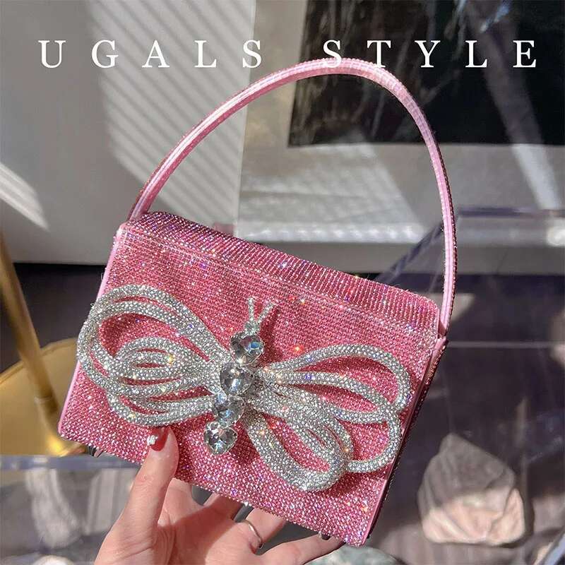 Glitter Shiny Bow-Knot Evening Rhies Dia Square Women's Handbag Wedding Party Clutch Purse Shoulder Bag