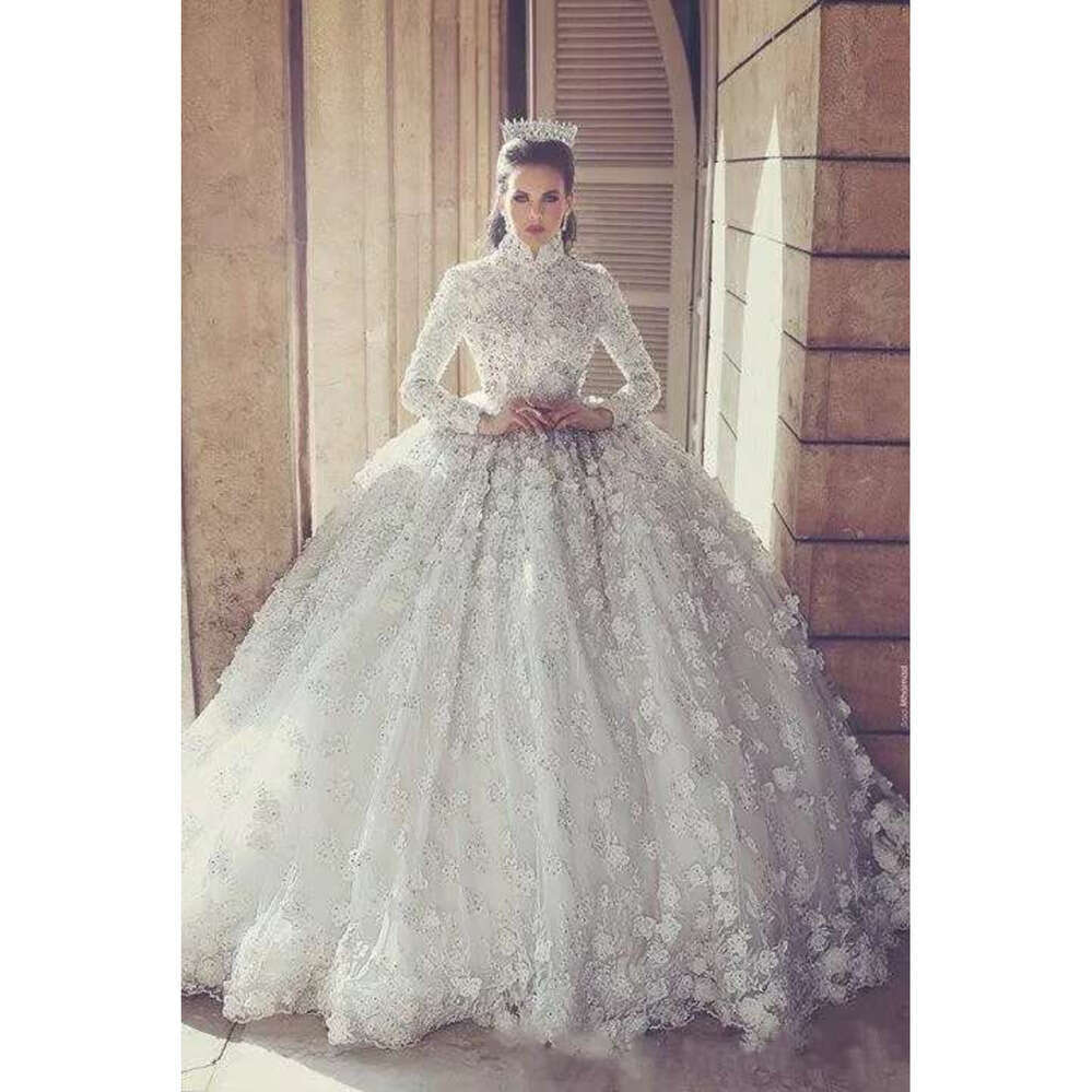 Beaded Crystal Ball Gown Dresses 3D Ral Lace Appliqued High Neck Long Sleeves Muslim Bridal Wedding Gowns