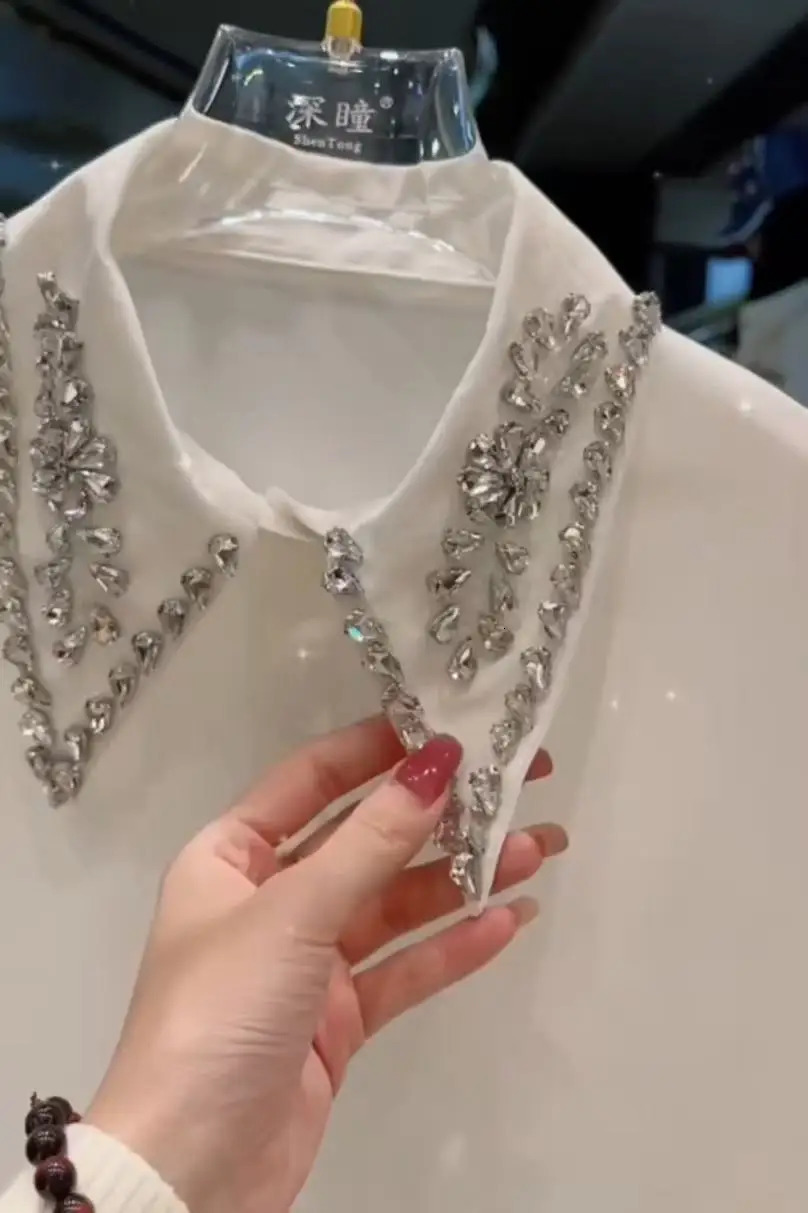 In Autumn Spring Sparkle Diamonds Stitch Elegant White Blouses Shirts for Womens Long Sleeve Versatile Tops Clothing 250311