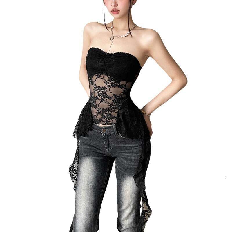 European American style summer women's clothing, one collar lace wrapped chest mesh, exposed navel slim fit vest, 2025 new style, chic and elegan