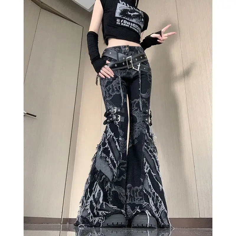 Punk Black Print Gothic Flare Jeans Women Low Rise Vintage Denim Pants Dark Academia Y2k Japanese Streetwear Goth Trousers 250306