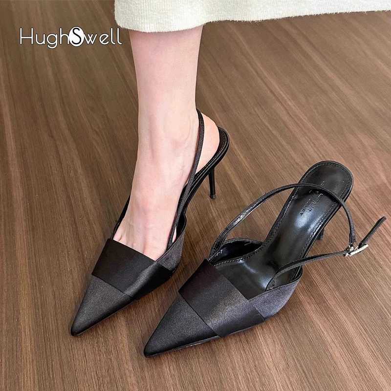 Sier Hot Satin Silk Slingback Shoes Wan Elegant Point Toe Platband Design New Pumps Ladies High Heel Ning Party Sandals Z250311