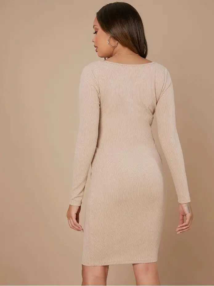 Knit Pregnant Womens V Neck Belted Bodycon Dress Shooting Pregnancy Tight Long Sleeve Elastic Skirt For Maternity Casual ClothesT250311