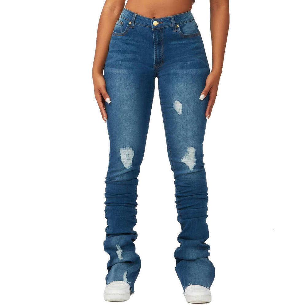 high waisted layered denim bell bottom European American Instagram trendy styles, slim fit and perforated women's straight bucket pants, 2025 tem