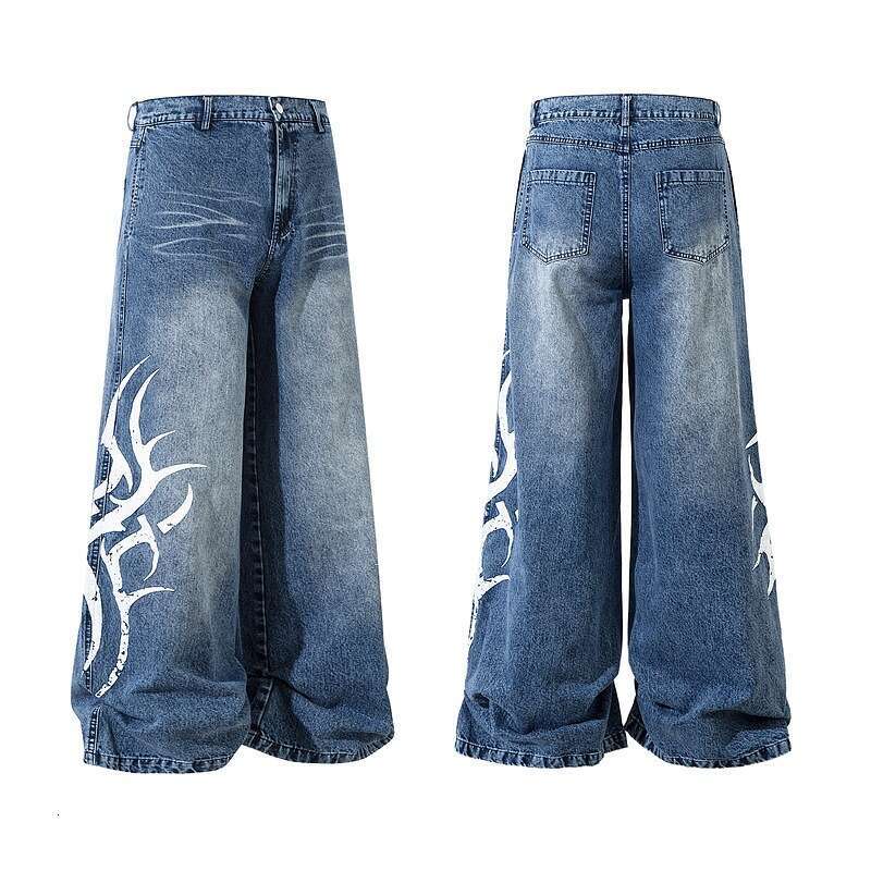 Men's American Mid Rise Wide Jeans With Totem Print Design, Loose Floor Pants, Straight Leg Pants