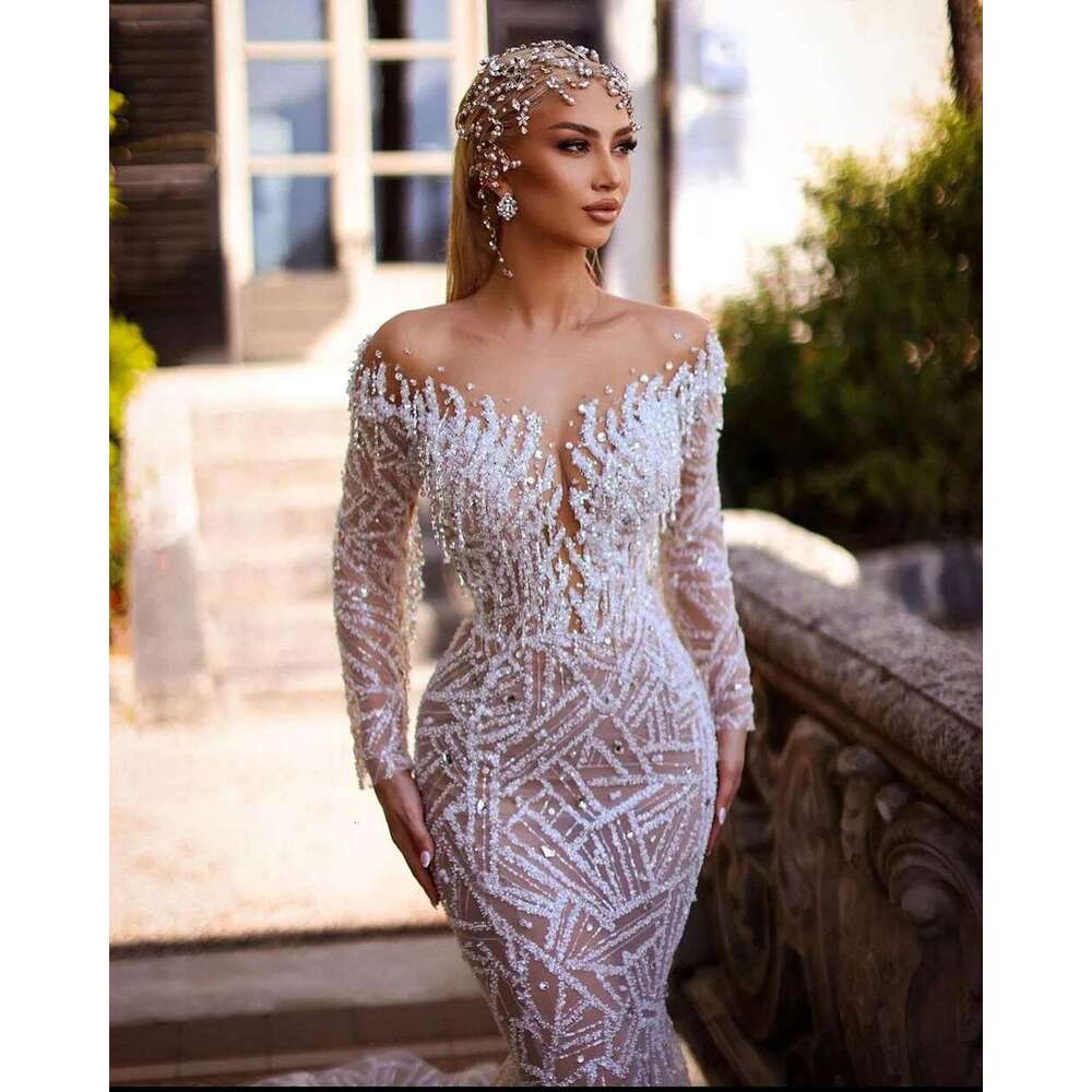 the bright mermaid beads lace sequins bag full sleeve crystal up floor wedding dress robe made to order