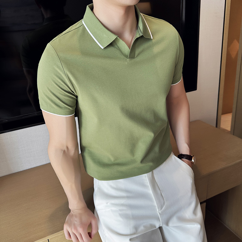 Summer silk pearl cotton lapel short sleeved polo shirt men's business light luxury solid color casual top V-neck T-shirt trendy tracksuit