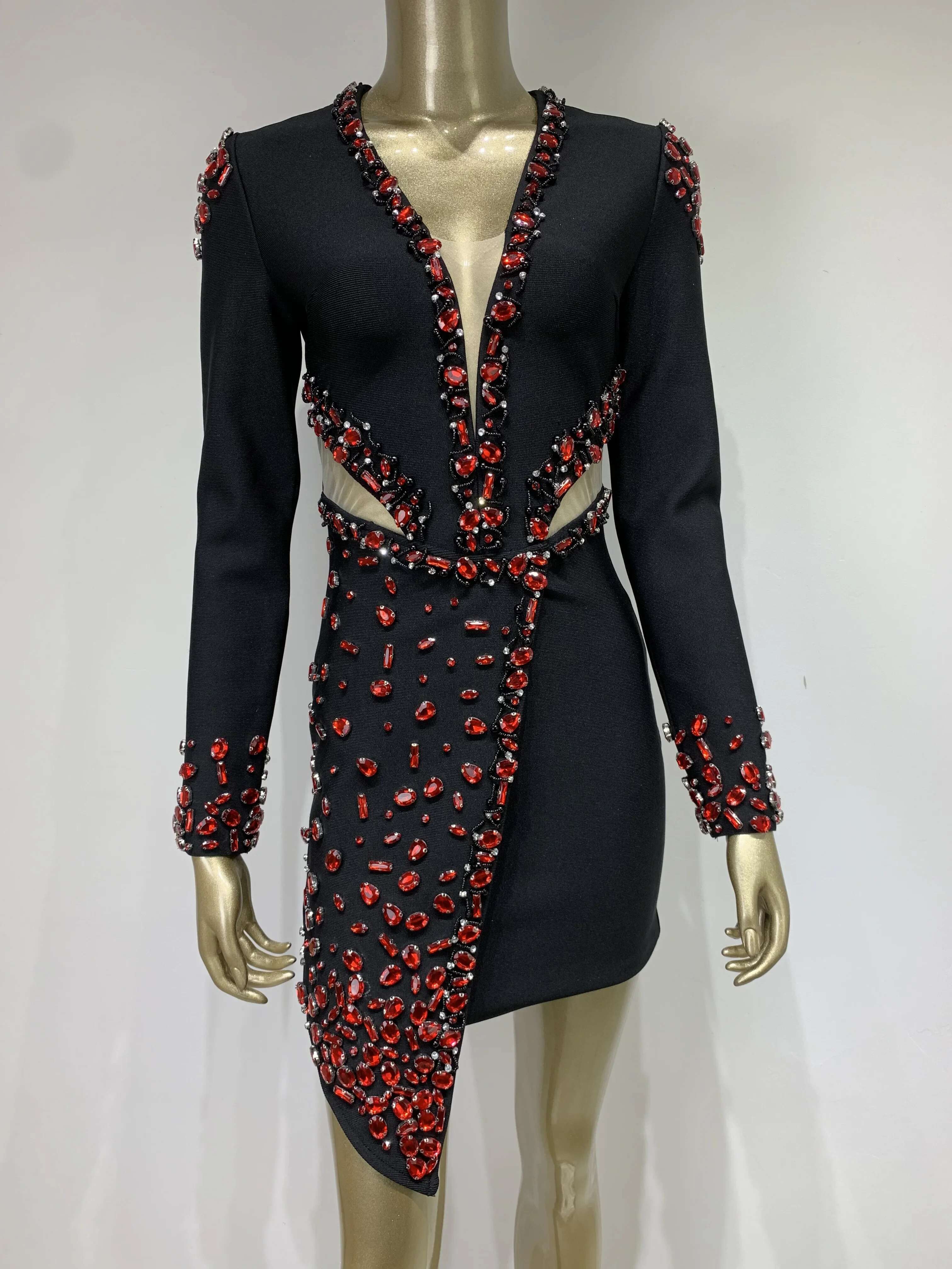 Women Celebrity Sexy Long Sleeve V Neck Rhie Beading Black Mini Bandage 2023 Elegant Evening Club Party Dress