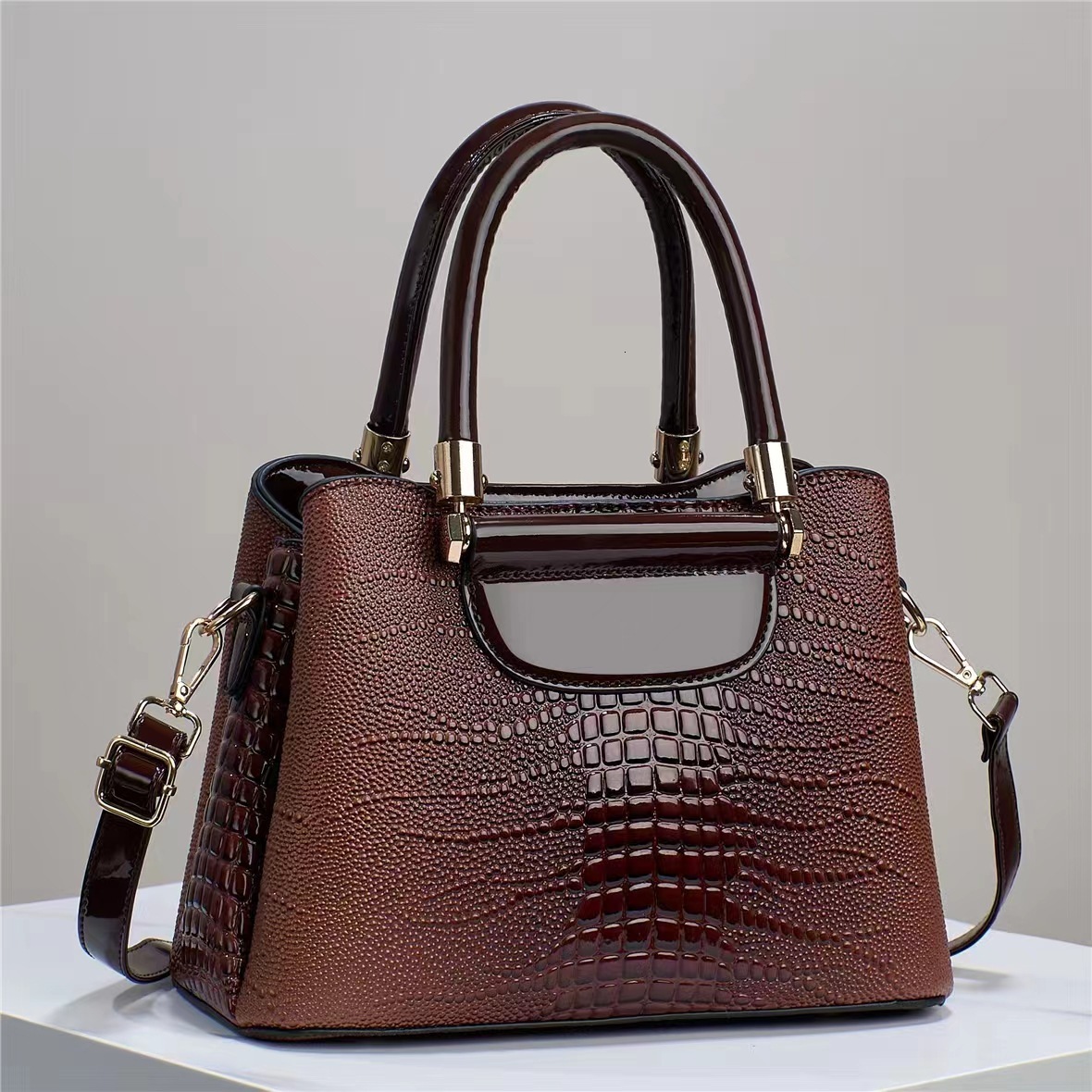 Textured Bright Stone Crocodile Leather Pattern Handbag Women's Shoulder Messenger Bag
