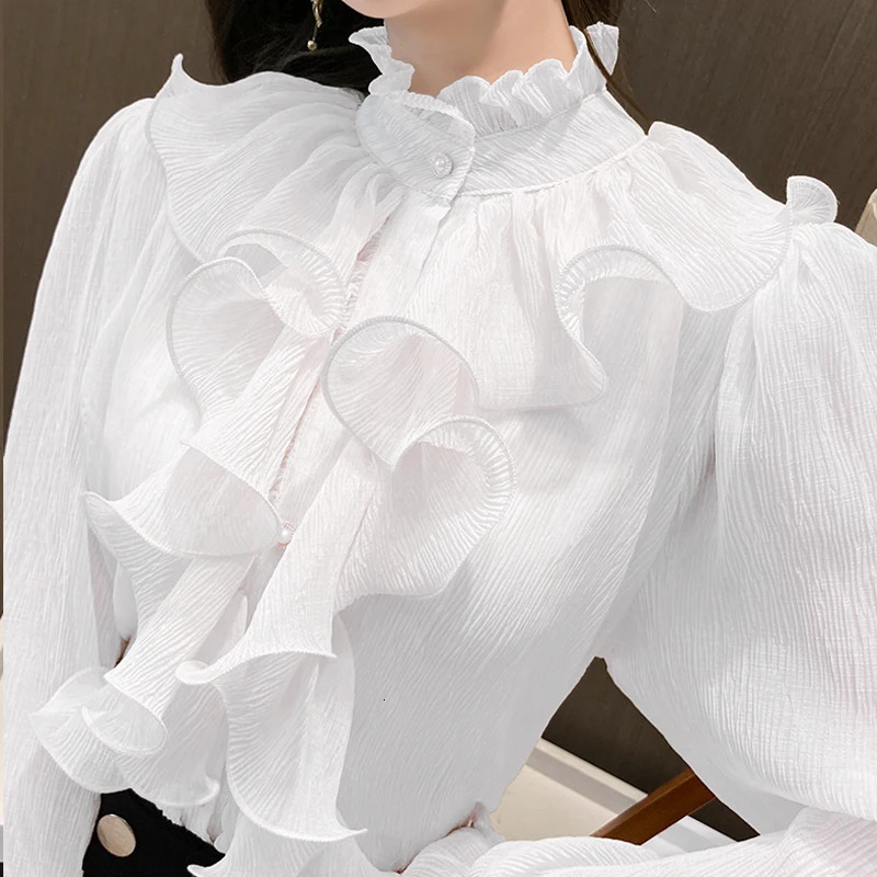 Autumn Vintage Ruffles Clothes Lace Blouse Women Spring Stand Collar White Chiffon Shirt Long Puff Sleeve Loose Tops Elegant 250310