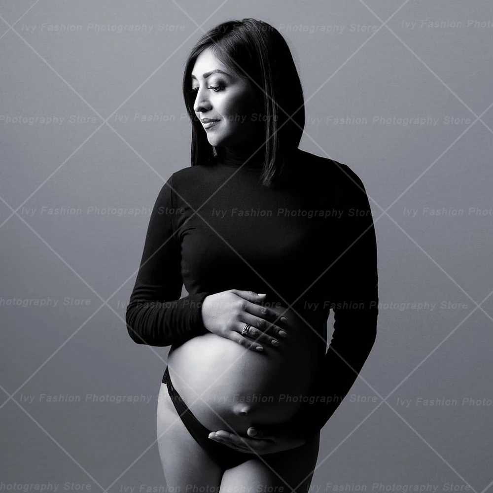 Maternity Dresses For Photo Shoot Open Belly Set Two Piece Black Elastic Fabric High Neck Short Top Pregnant Photo Shoot Clothes X250224