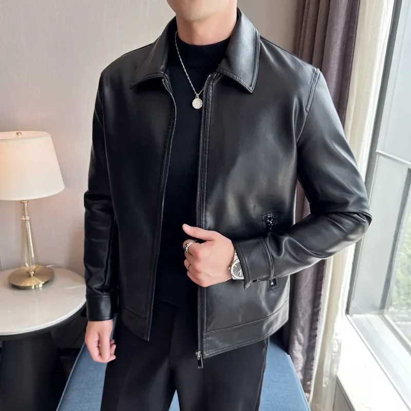 New Fashion Slim Fit Mens Leather Jacket Casual Style Spring Autumn Korean Version Youth Lapel Faux Leather Trendy Motorcycle JT250311
