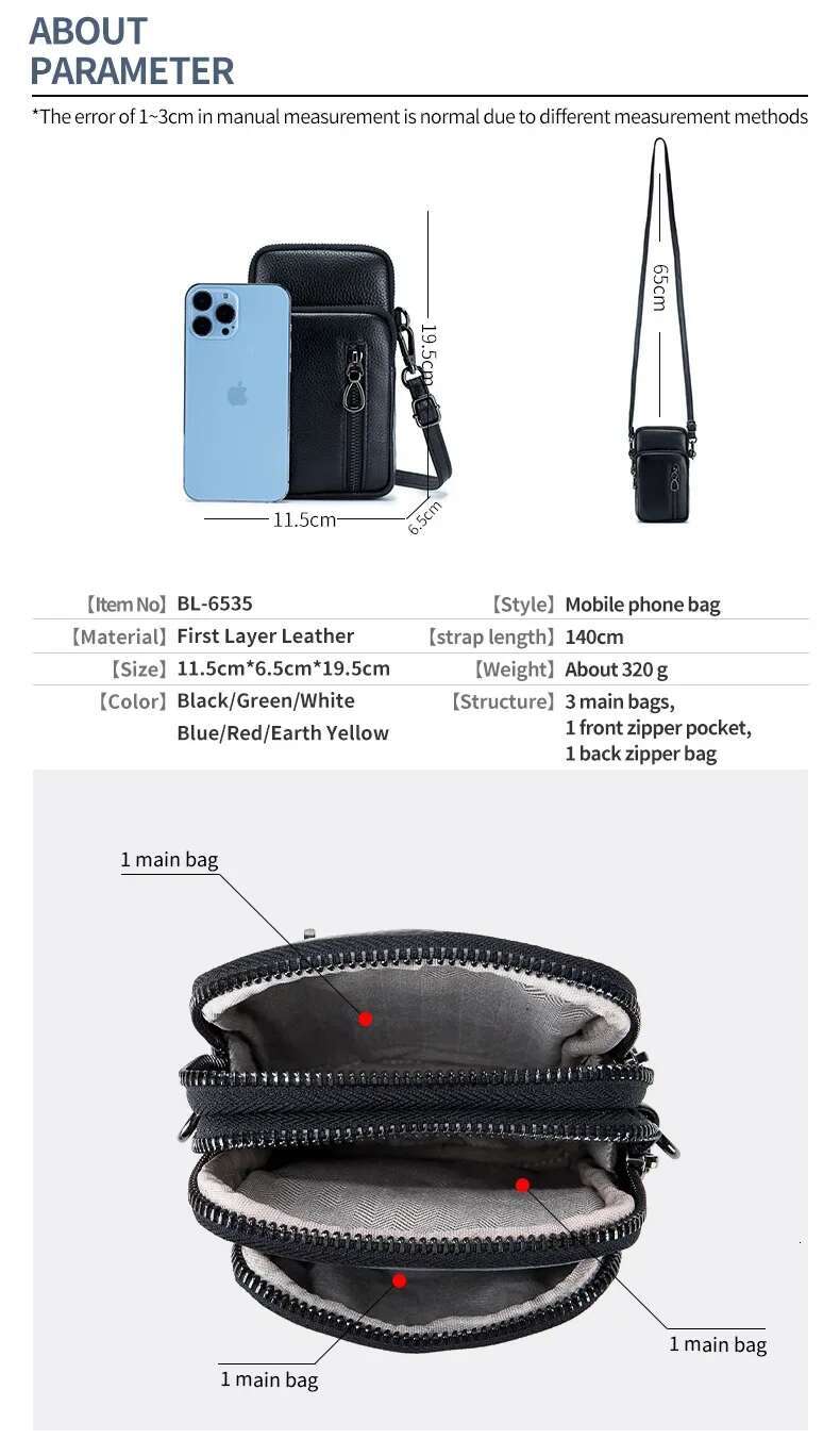 Lightweight Crossbody Messenger Bag, Women's Cow Leather Small Shoulder Purse, Multi Compartment Pocket, Vertical Phone Bag