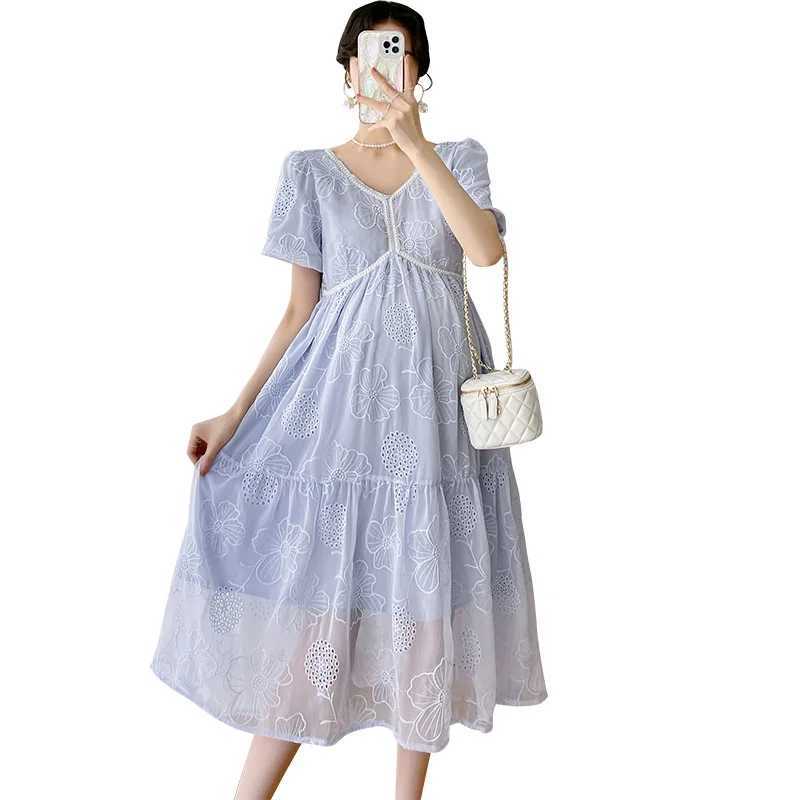 Korean Style Maternity Dress 2022 New Dress Temperament Fashion Lace Long Skirt Pregnant Mother High Waist Hollow Summer SkirtT250311