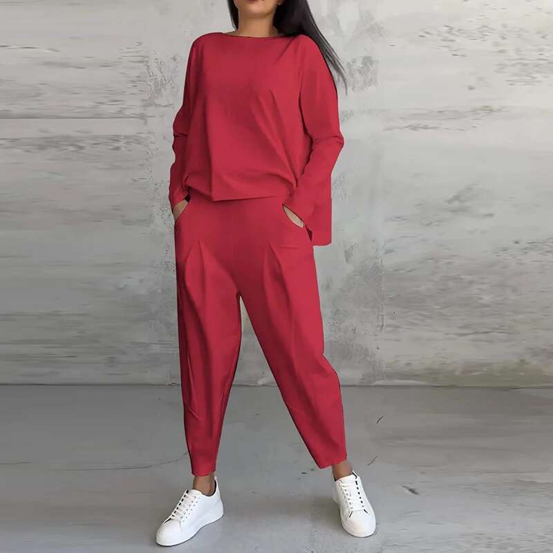 Two Piece Set For Women Long Sleeve O Neck Tops Elastic Waist Pants Solid Fashion Casual Sportswear 2025 Spring Pant Suit