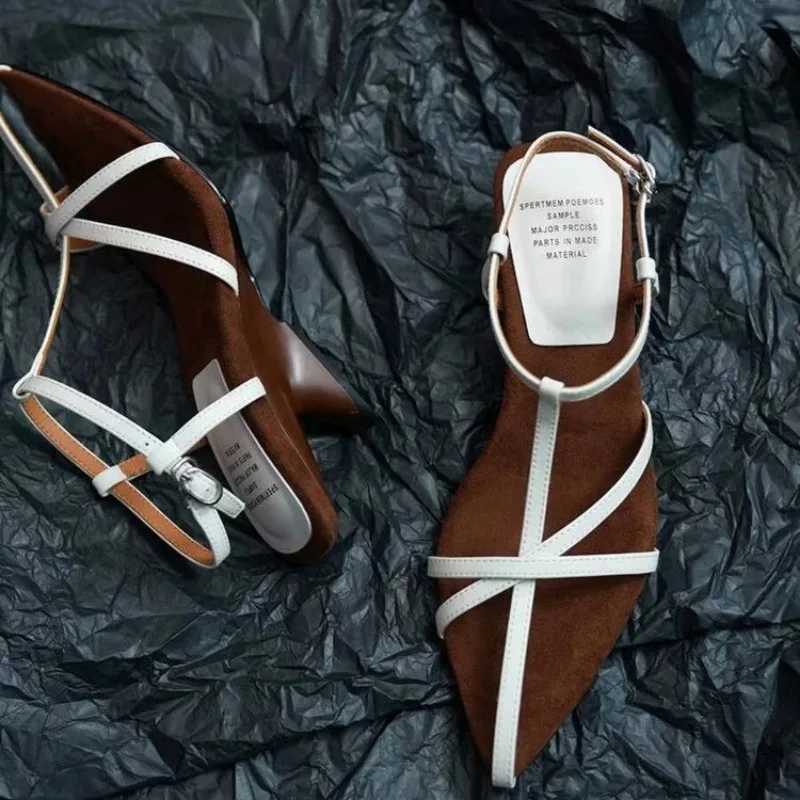 2024 New New Wens Summer High-Heeled Shoes Cowhide Strap Slingback Feminine Wedding Hot Sandals Z250311