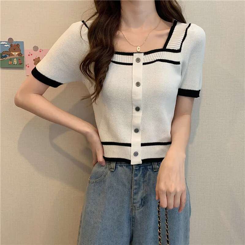 South Korea Spring Summer Style Square Collar Backless Sleeve Slim Fit Contrasting Short Base Knit Sweater Top For Women
