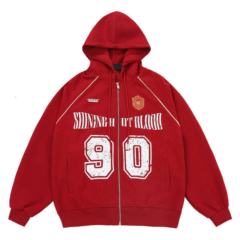 Red Sports Hooded Sweatshirt Cardigan Jacket Men's And Women's Loose American Style Sportswear Top Trendy
