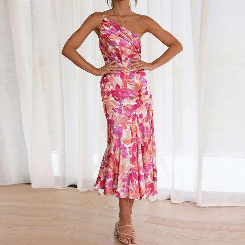 Sample Of Women's Commuting Simple Printed Diagonal Collar Ruffle Edge Dress KLMY