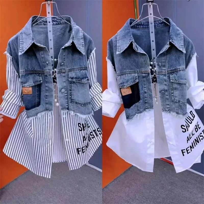 Fake Two Denim Shirts Women's Early Spring 2025 Korean Version Of Casual Western Style Joker Ing Letter Striped Top