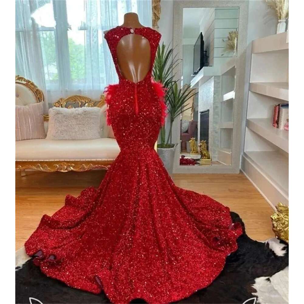Red Long Prom Dress For Black Girls Mermaid Sheer Sequins Feather Crystals Birthday Party Dresses Women Evening Gown Customized al0311