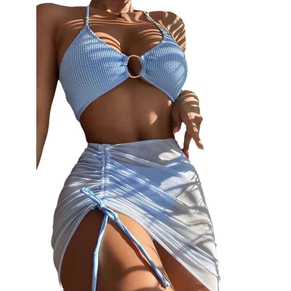 Bikini European and American split women's solid color sexy swimsuit three piece set hanging neck three-point bikini 2025 new casual versatile fa