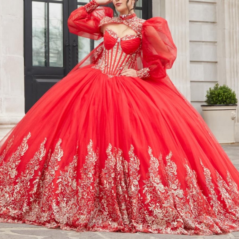 Red Shiny Quinceanera Dresses Ball Gown Off The Shoulder Applique Lace Beads Tull Puff Sleeve Party Birthday Sweet 16 Dress Vestidos 15 De Anos